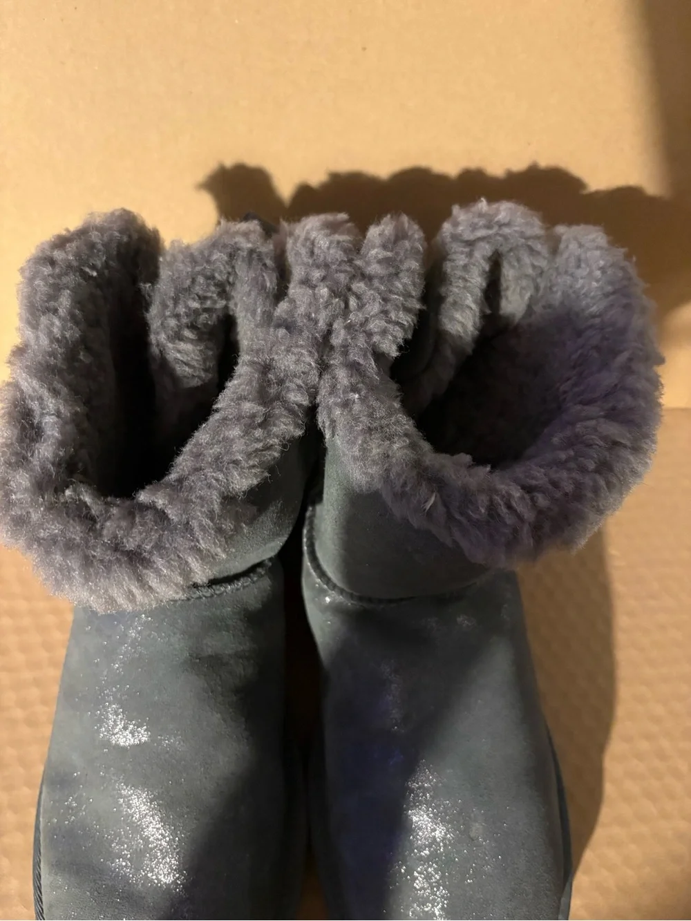 UGG Women Gray Suede Sheepskin Boots with Back Bow